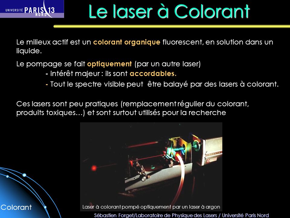 Le laser à Colorant Le milieux actif est un colorant organique fluorescent, en solution dans un liquide.