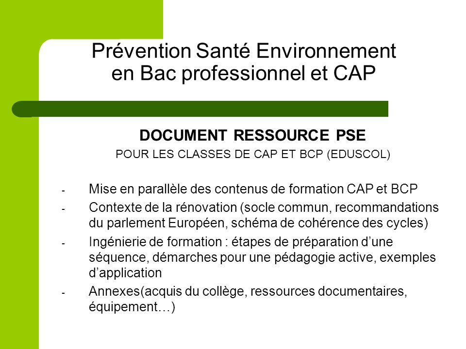 Prévention Santé Environnement en Bac professionnel et CAP