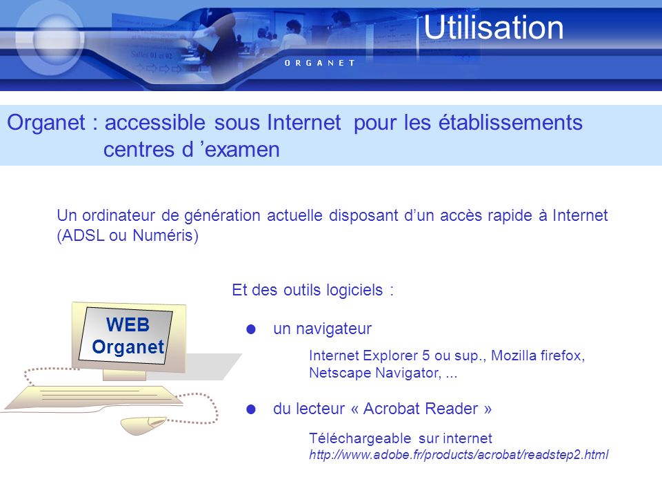 Utilisation Organet : accessible sous Internet pour les établissements centres d ’examen.