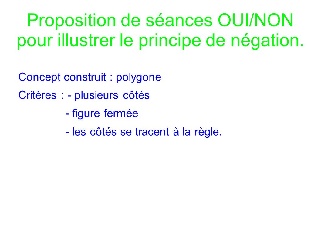 Proposition de séances OUI/NON pour illustrer le principe de négation.