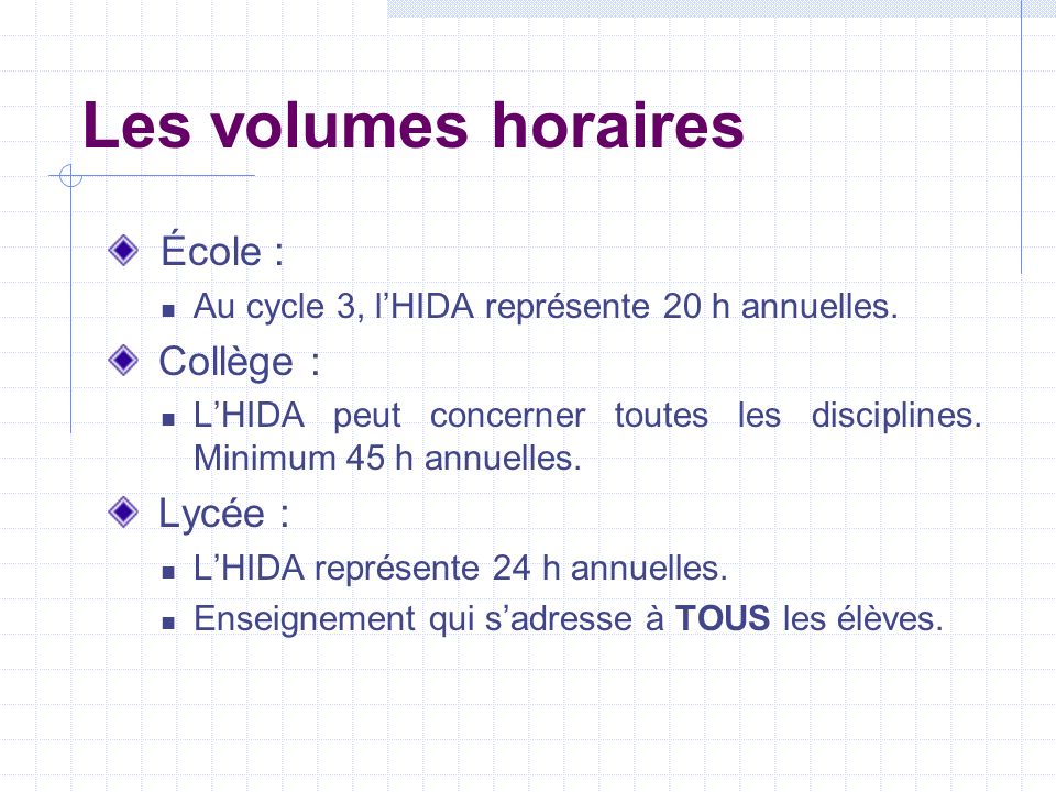 Les volumes horaires École : Collège : Lycée :