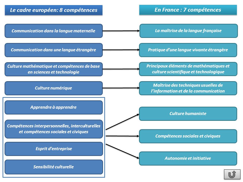 Le cadre européen: 8 compétences En France : 7 compétences