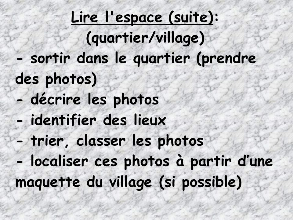 Lire l espace (suite): (quartier/village) - sortir dans le quartier (prendre des photos) - décrire les photos.