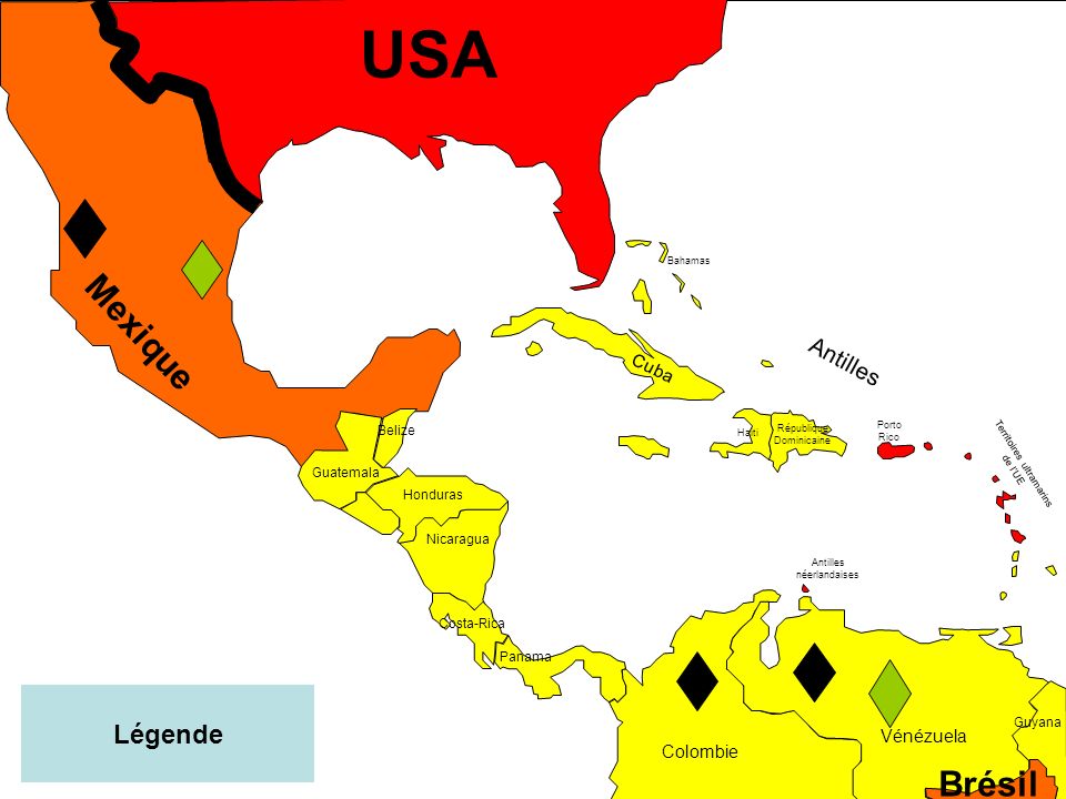 USA Mexique Brésil Légende Antilles Cuba Vénézuela Colombie Belize