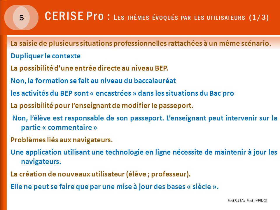 CERISE Pro : Les thèmes évoqués par les utilisateurs (1/3)