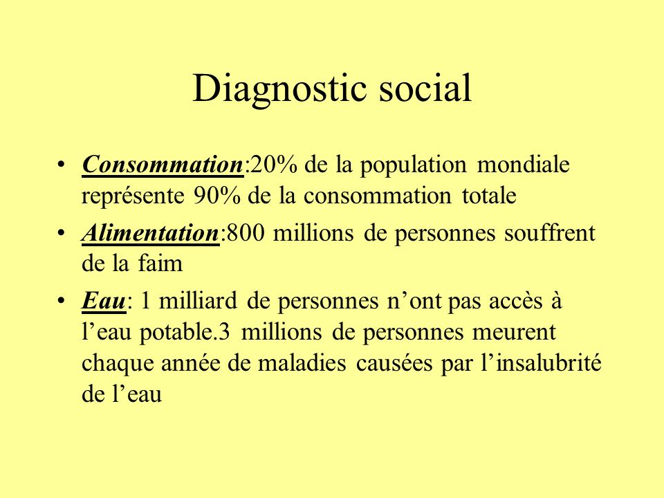 Diagnostic social Consommation:20% de la population mondiale représente 90% de la consommation totale.