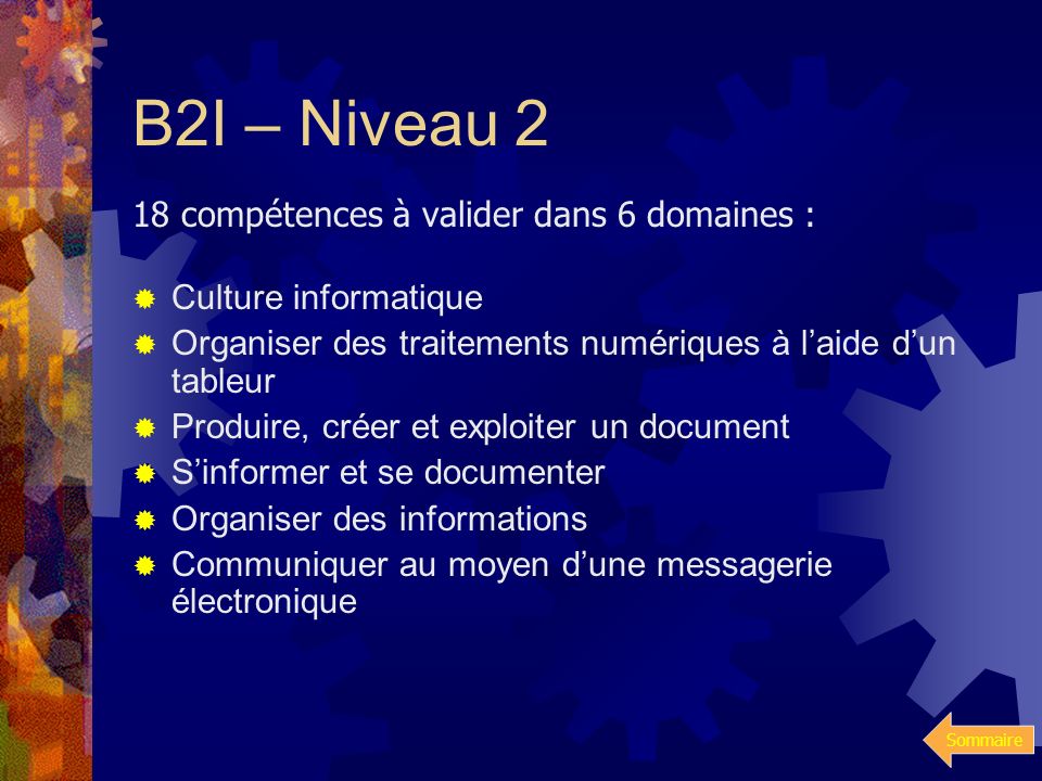 B2I – Niveau 2 18 compétences à valider dans 6 domaines :