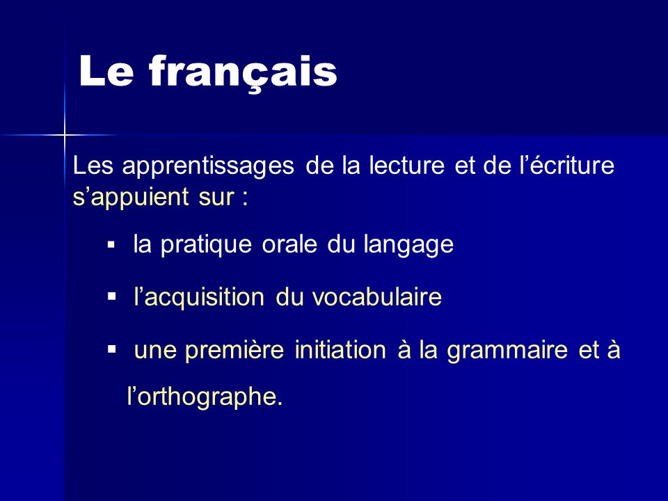 Le français Les apprentissages de la lecture et de l’écriture s’appuient sur : la pratique orale du langage.