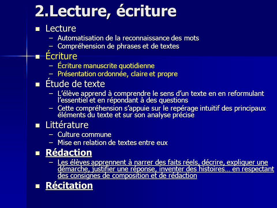 2.Lecture, écriture Lecture Écriture Étude de texte Littérature
