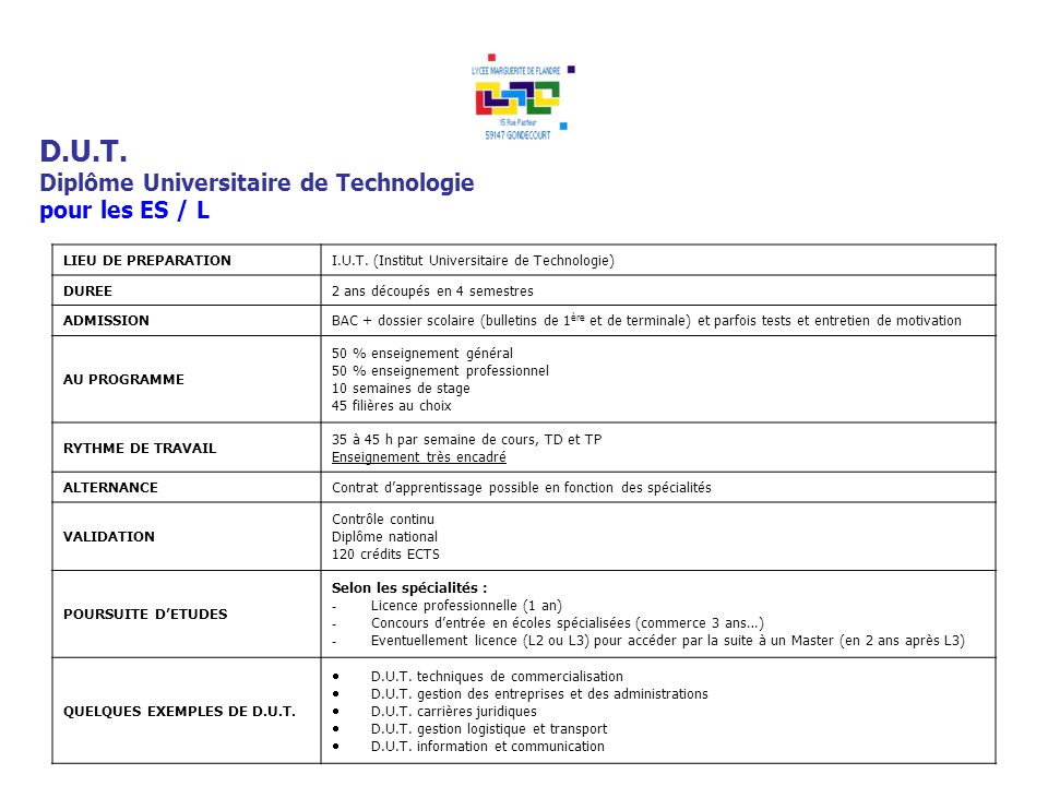 D.U.T. Diplôme Universitaire de Technologie pour les ES / L
