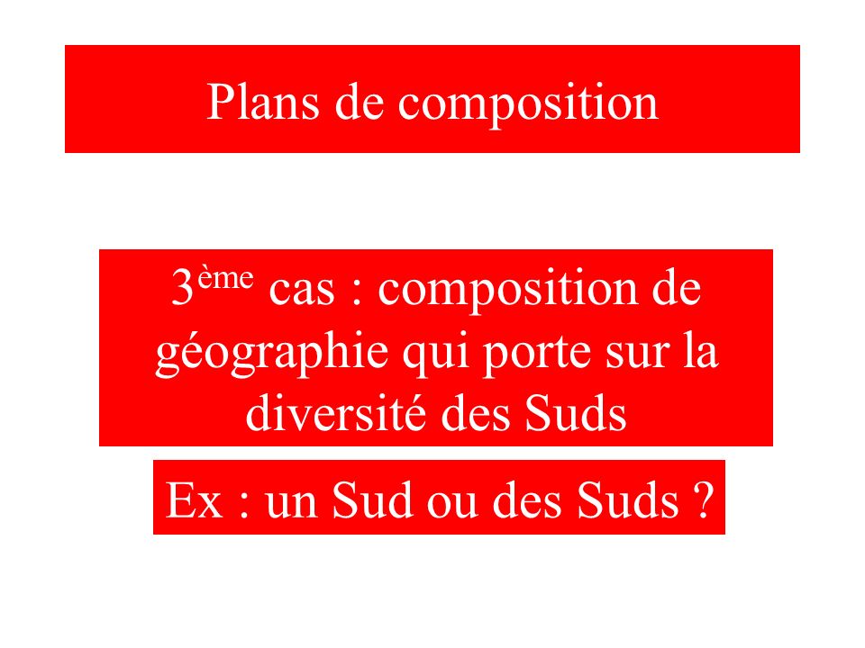 Plans de composition 3ème cas : composition de géographie qui porte sur la diversité des Suds.