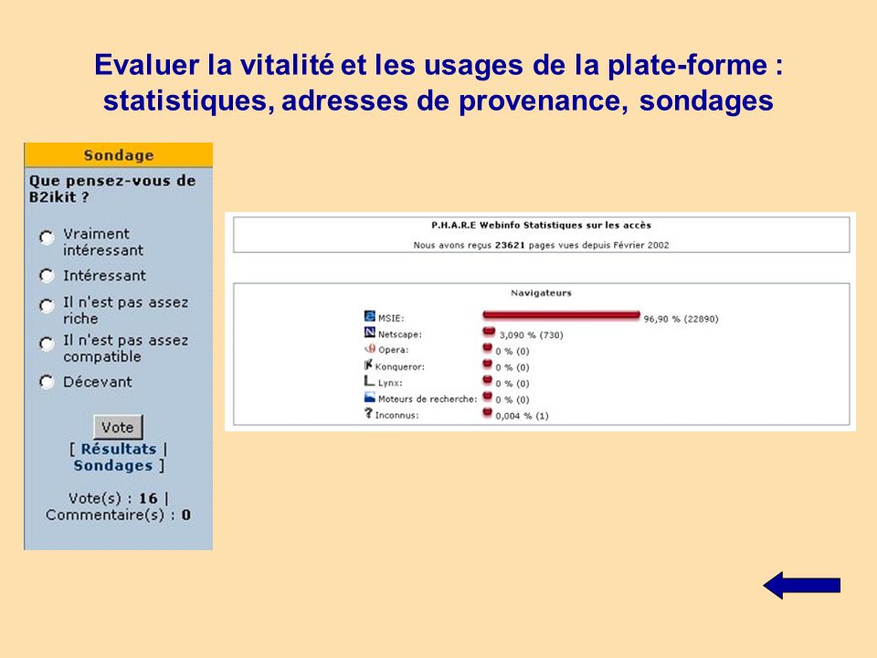 Evaluer la vitalité et les usages de la plate-forme : statistiques, adresses de provenance, sondages