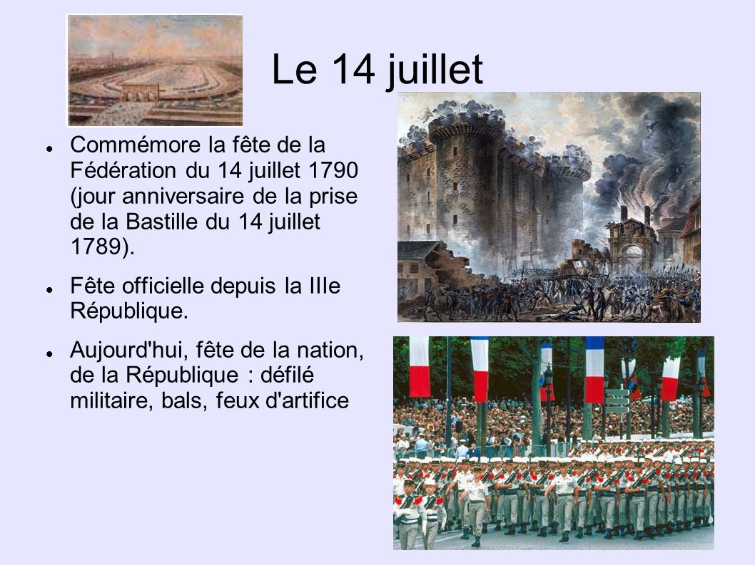 Le 14 juillet Commémore la fête de la Fédération du 14 juillet 1790 (jour anniversaire de la prise de la Bastille du 14 juillet 1789).
