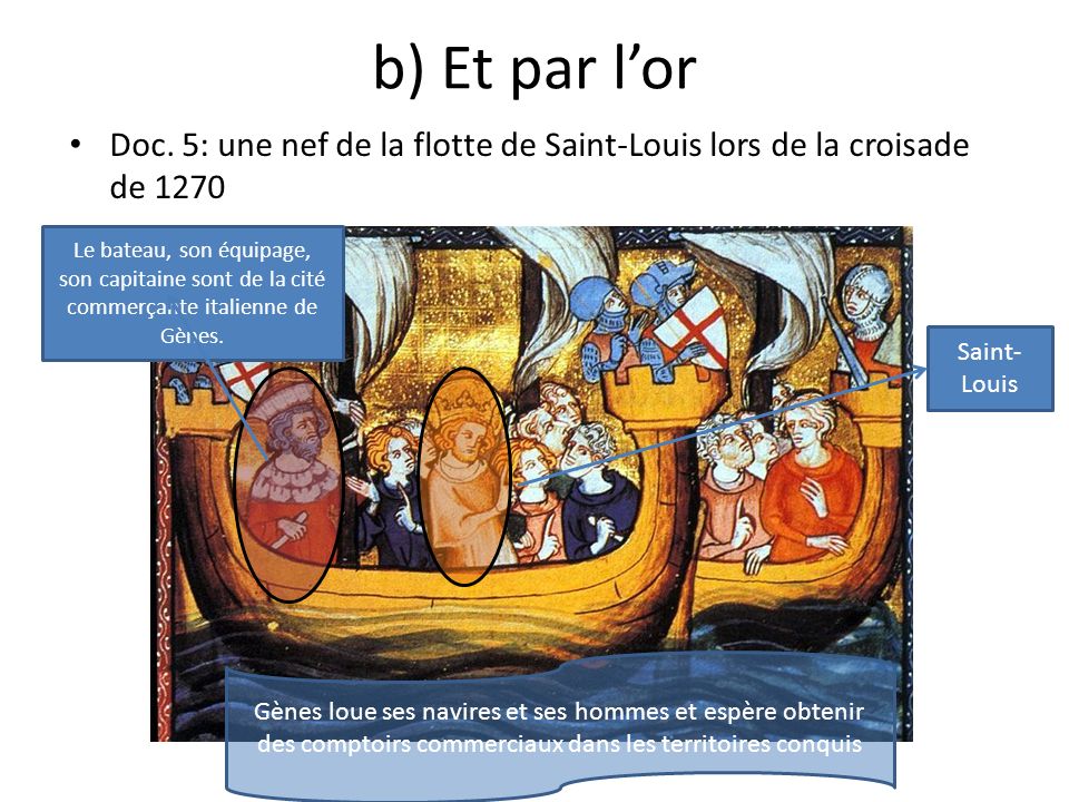 b) Et par l’or Doc. 5: une nef de la flotte de Saint-Louis lors de la croisade de
