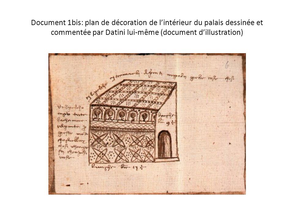 Document 1bis: plan de décoration de l’intérieur du palais dessinée et commentée par Datini lui-même (document d’illustration)