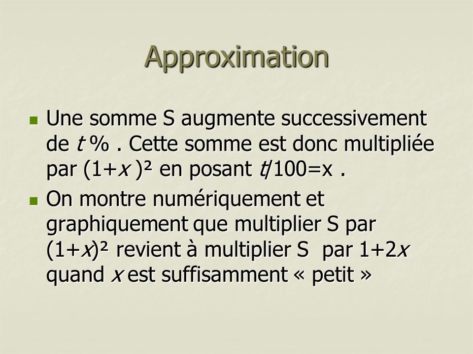 Approximation Une somme S augmente successivement de t % . Cette somme est donc multipliée par (1+x )² en posant t/100=x .