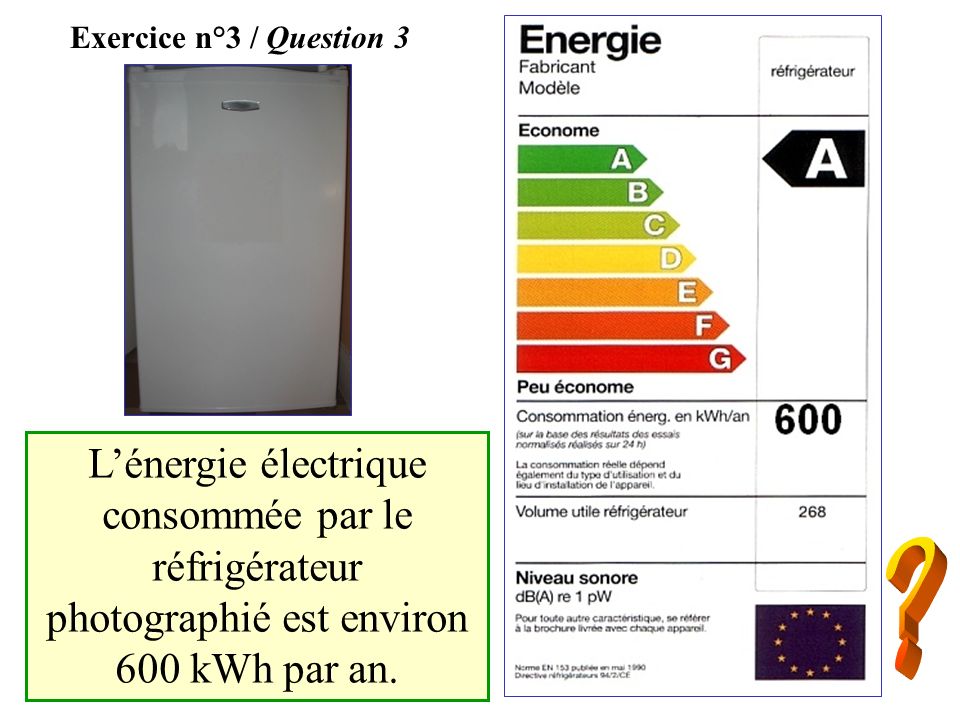 Exercice n°3 / Question 3 L’énergie électrique consommée par le réfrigérateur photographié est environ 600 kWh par an.