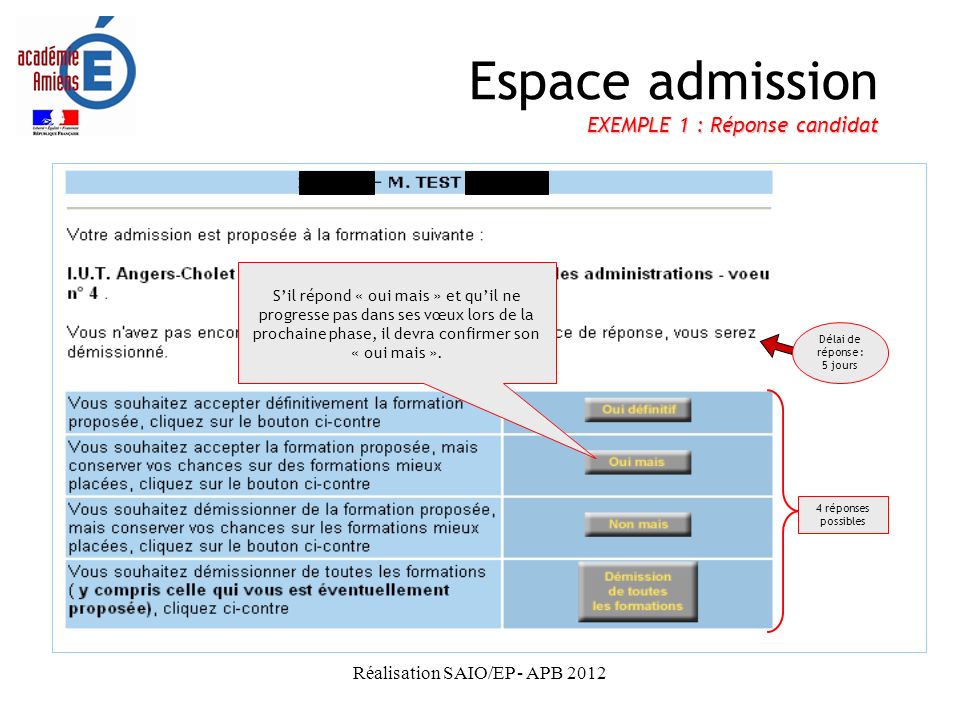 Espace admission EXEMPLE 1 : Réponse candidat