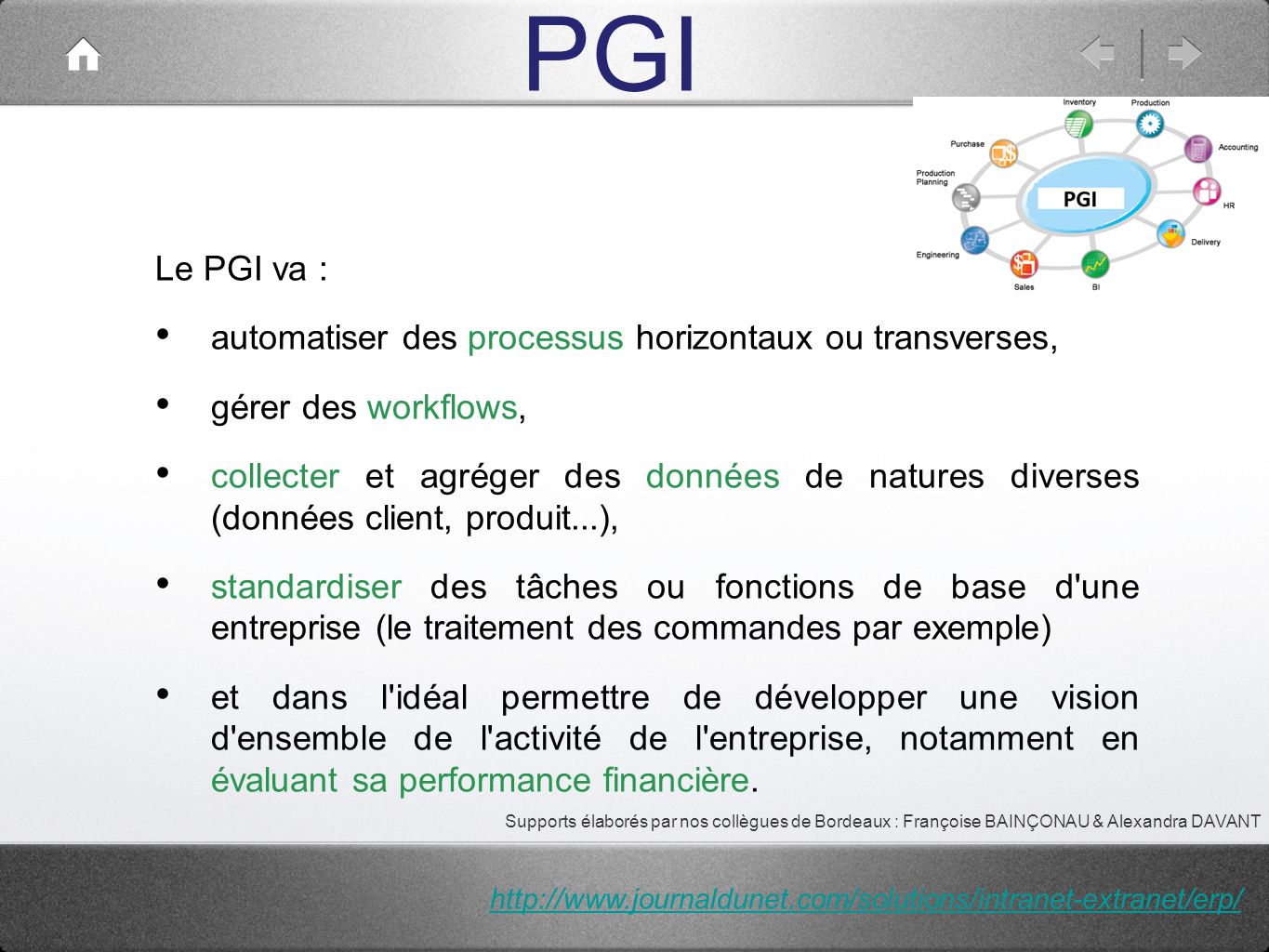 PGI Le PGI va : automatiser des processus horizontaux ou transverses,
