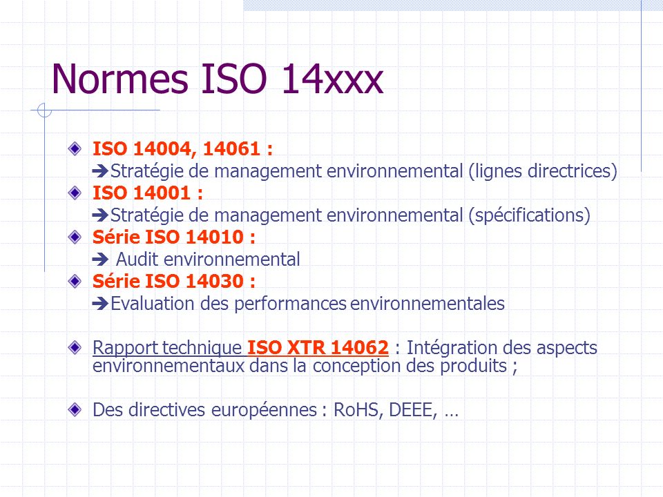 Normes ISO 14xxx ISO 14004, : Stratégie de management environnemental (lignes directrices) ISO :