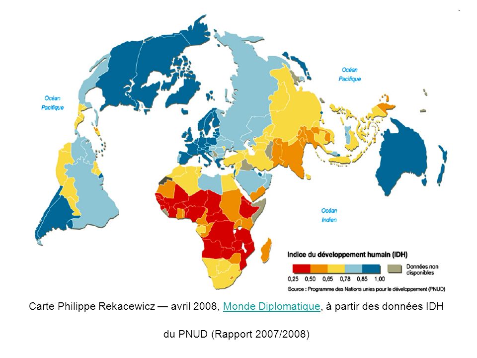 Carte Philippe Rekacewicz — avril 2008, Monde Diplomatique, à partir des données IDH du PNUD (Rapport 2007/2008)