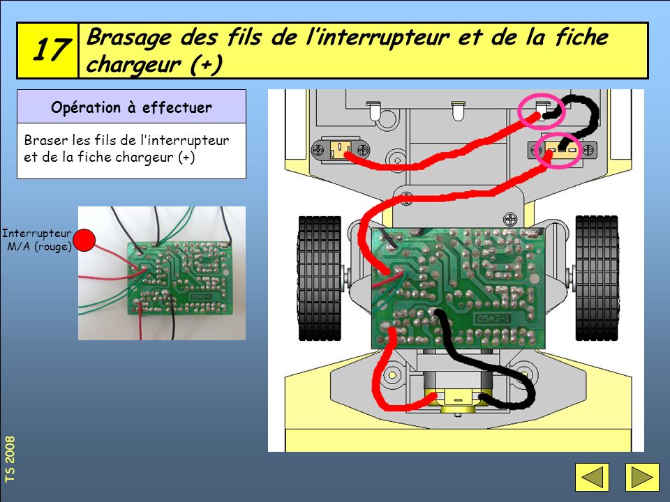 Brasage des fils de l’interrupteur et de la fiche chargeur (+)