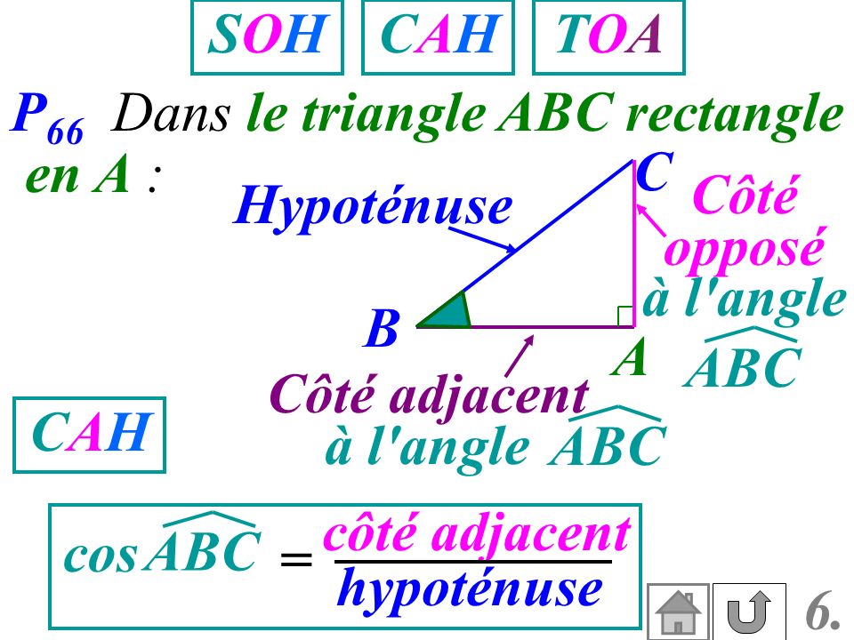 SOH CAH. TOA. P66 Dans le triangle ABC rectangle. en A : C. Hypoténuse. Côté opposé. à l angle.