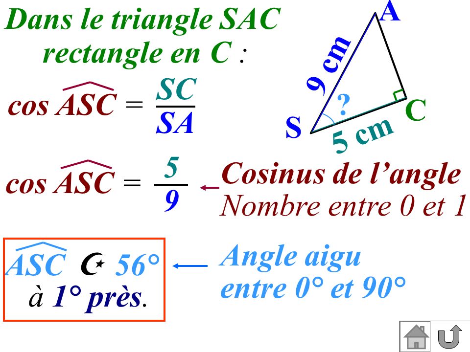 A S. C. 5 cm. 9 cm. Dans le triangle SAC. rectangle en C : SC. SA. cos ASC = Cosinus de l’angle.