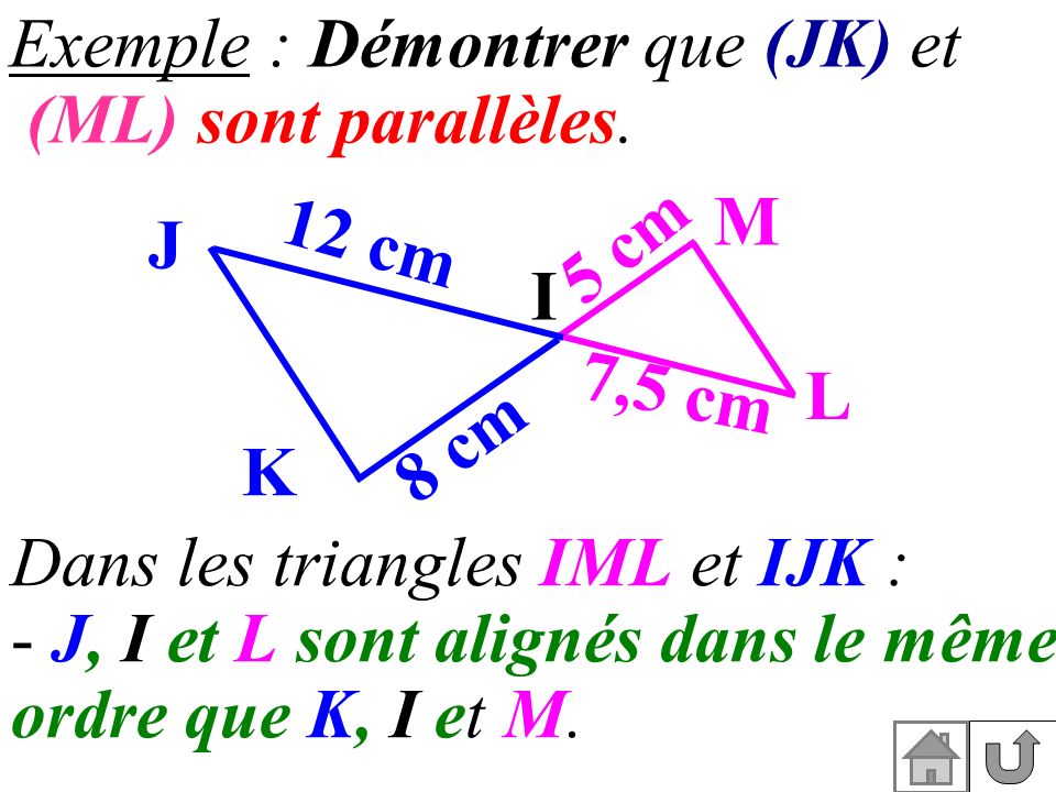 Exemple : Démontrer que (JK) et (ML) sont parallèles.