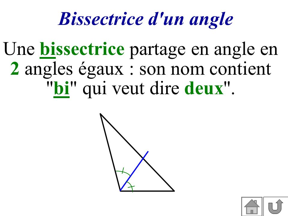 Une bissectrice partage en angle en 2 angles égaux : son nom contient