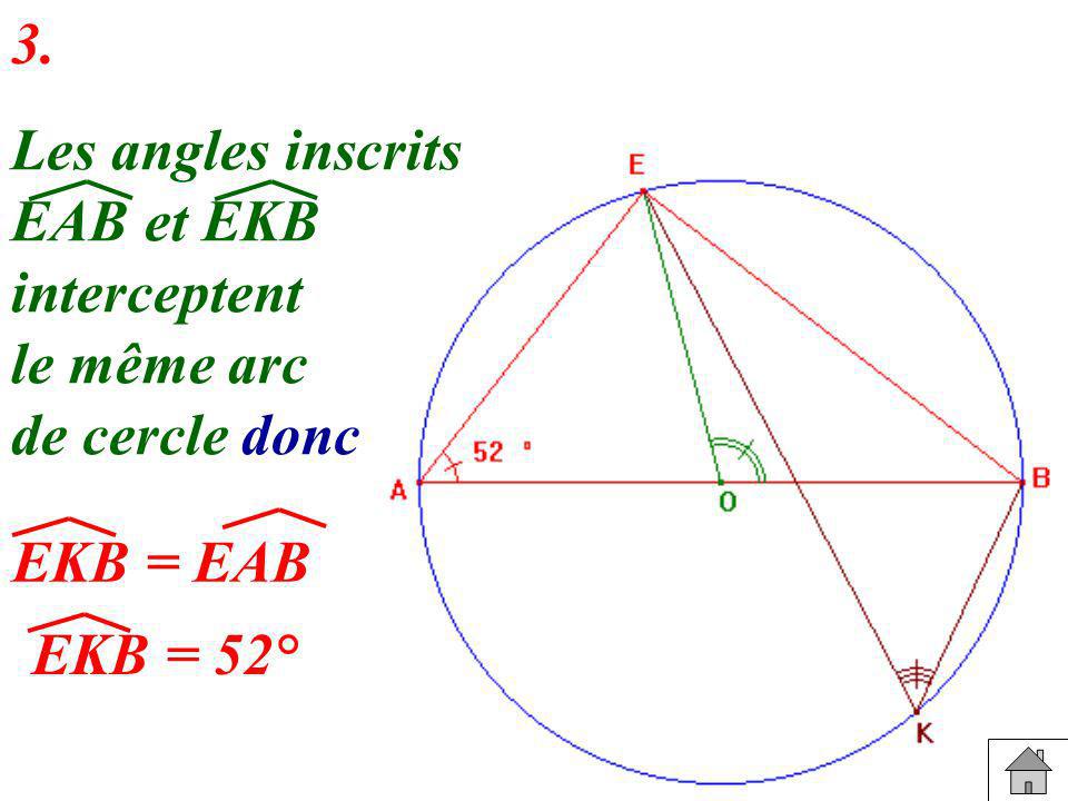 3. Les angles inscrits EAB et EKB interceptent le même arc de cercle donc EKB = EAB EKB = 52°