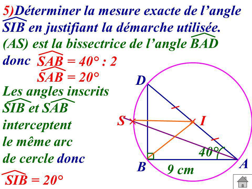 5)Déterminer la mesure exacte de l’angle SIB en justifiant la démarche utilisée.