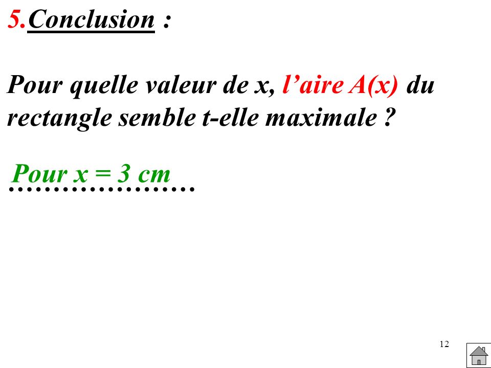 5.Conclusion : Pour quelle valeur de x, l’aire A(x) du rectangle semble t-elle maximale .