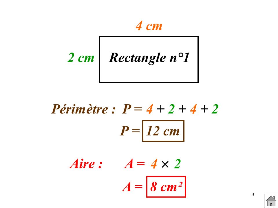 4 cm 2 cm Rectangle n°1 Périmètre : P = P = 12 cm 4  2 Aire : A = A = 8 cm²