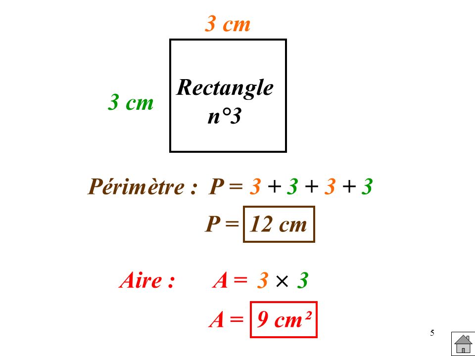 3 cm Rectangle n°3 3 cm Périmètre : P = P = 12 cm 3  3 Aire : A = A = 9 cm²