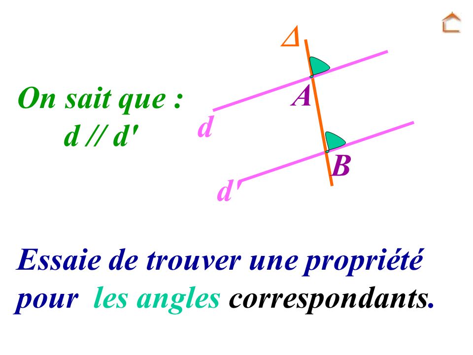  A B d d On sait que : d // d Essaie de trouver une propriété pour les angles correspondants.