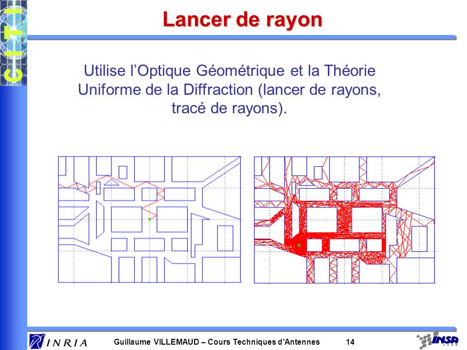 Lancer de rayon Utilise l’Optique Géométrique et la Théorie Uniforme de la Diffraction (lancer de rayons, tracé de rayons).