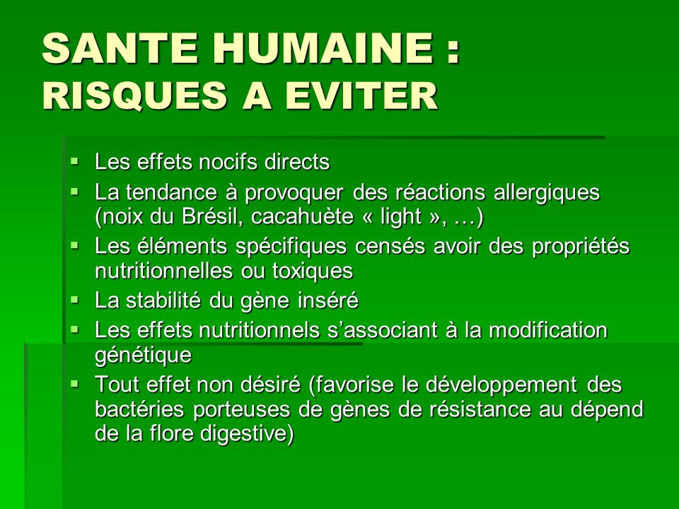 SANTE HUMAINE : RISQUES A EVITER