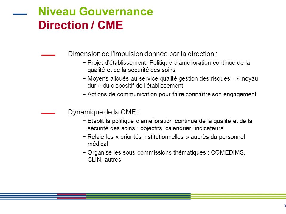 Niveau Gouvernance Direction / CME
