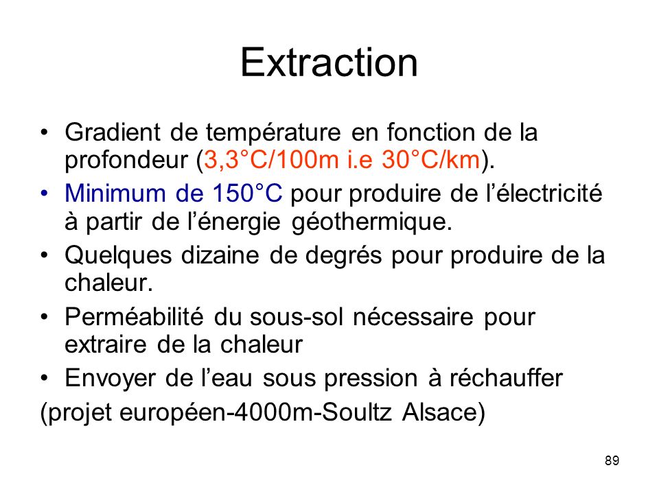 Extraction Gradient de température en fonction de la profondeur (3,3°C/100m i.e 30°C/km).