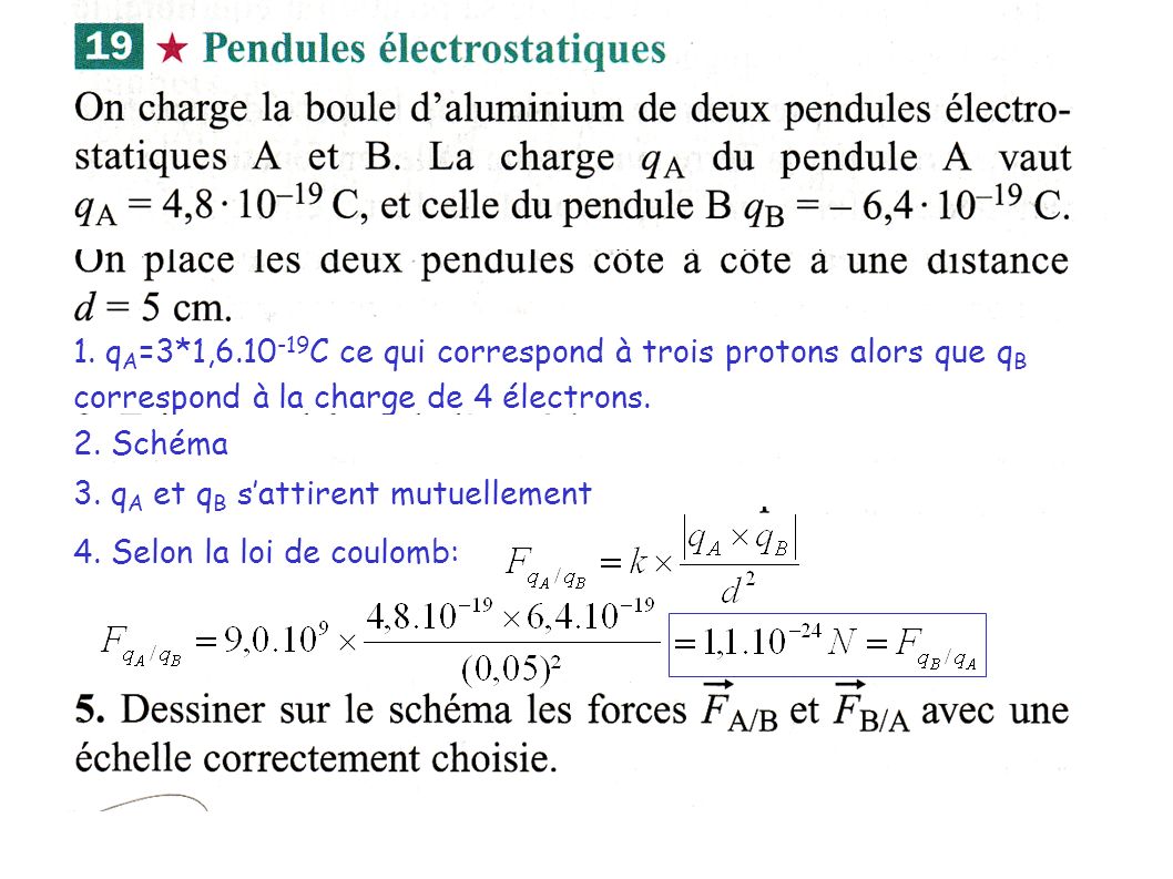 1. qA=3*1, C ce qui correspond à trois protons alors que qB correspond à la charge de 4 électrons.