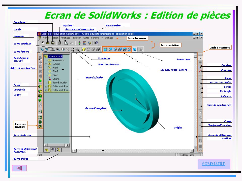 Ecran de SolidWorks : Edition de pièces