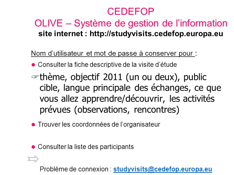 CEDEFOP OLIVE – Système de gestion de l’information site internet :