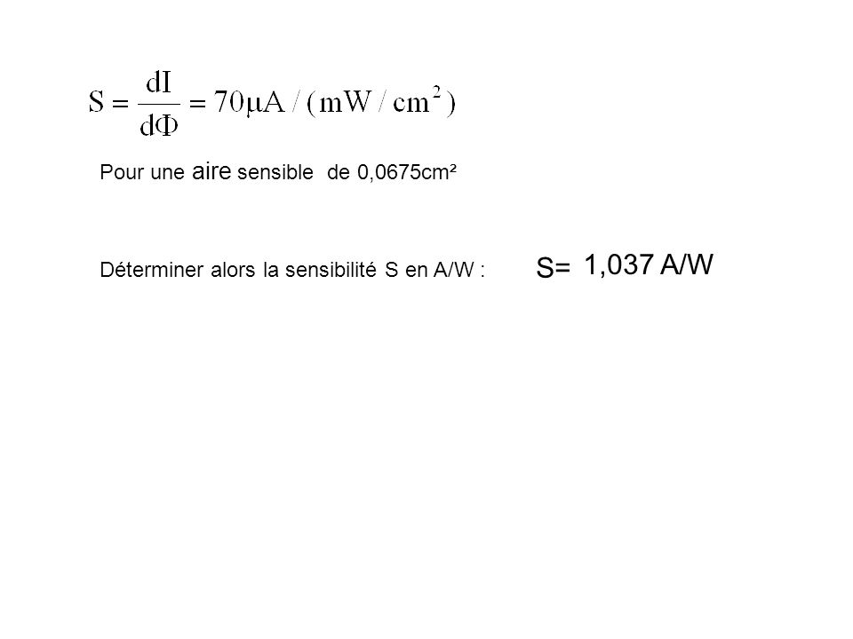 1,037 A/W S= Pour une aire sensible de 0,0675cm²