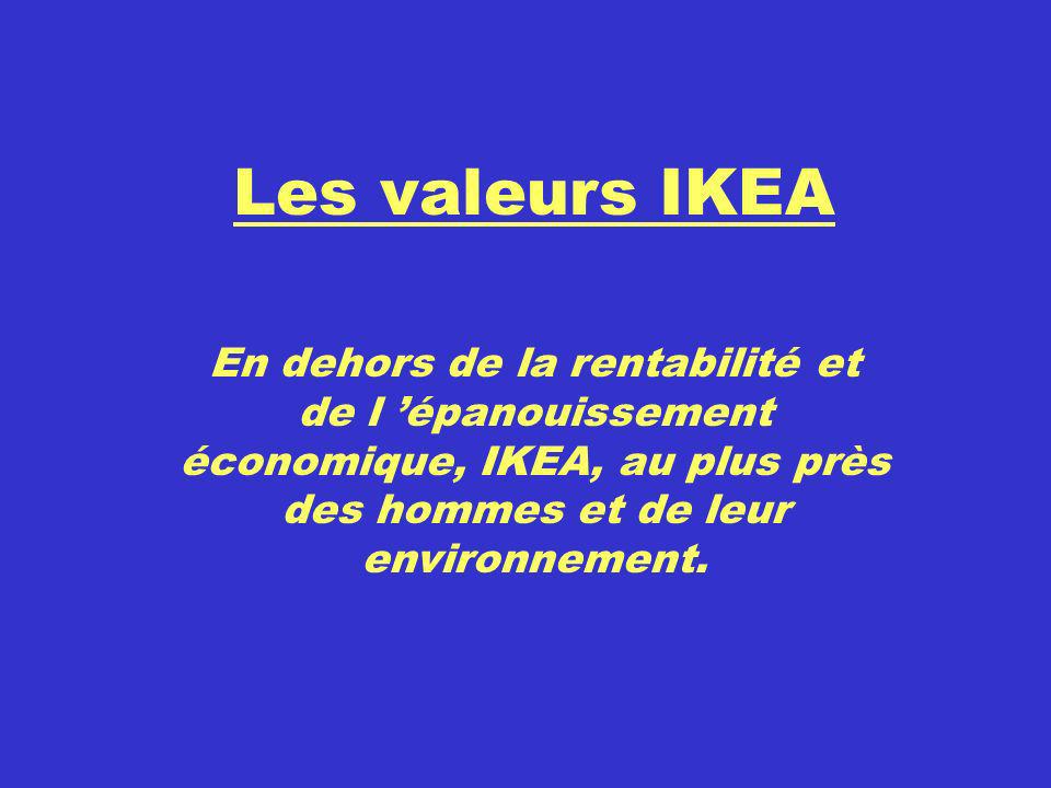 Les valeurs IKEA En dehors de la rentabilité et de l ’épanouissement économique, IKEA, au plus près des hommes et de leur environnement.