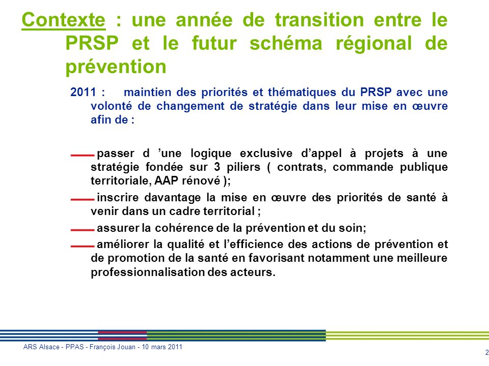 Contexte : une année de transition entre le PRSP et le futur schéma régional de prévention