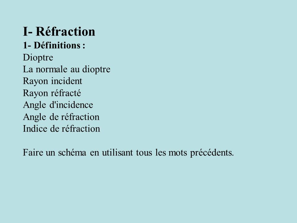 I- Réfraction 1- Définitions : Dioptre La normale au dioptre