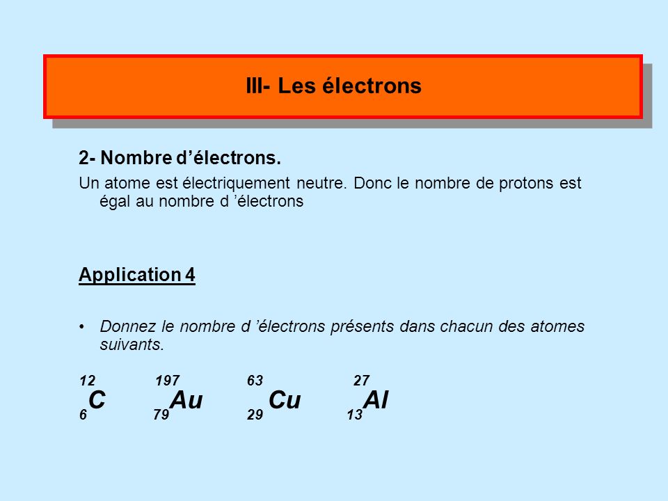 III- Les électrons Nombre d’électrons. Application 4