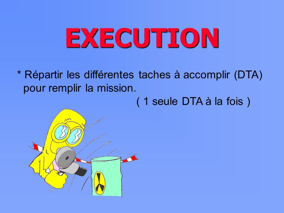 EXECUTION * Répartir les différentes taches à accomplir (DTA)
