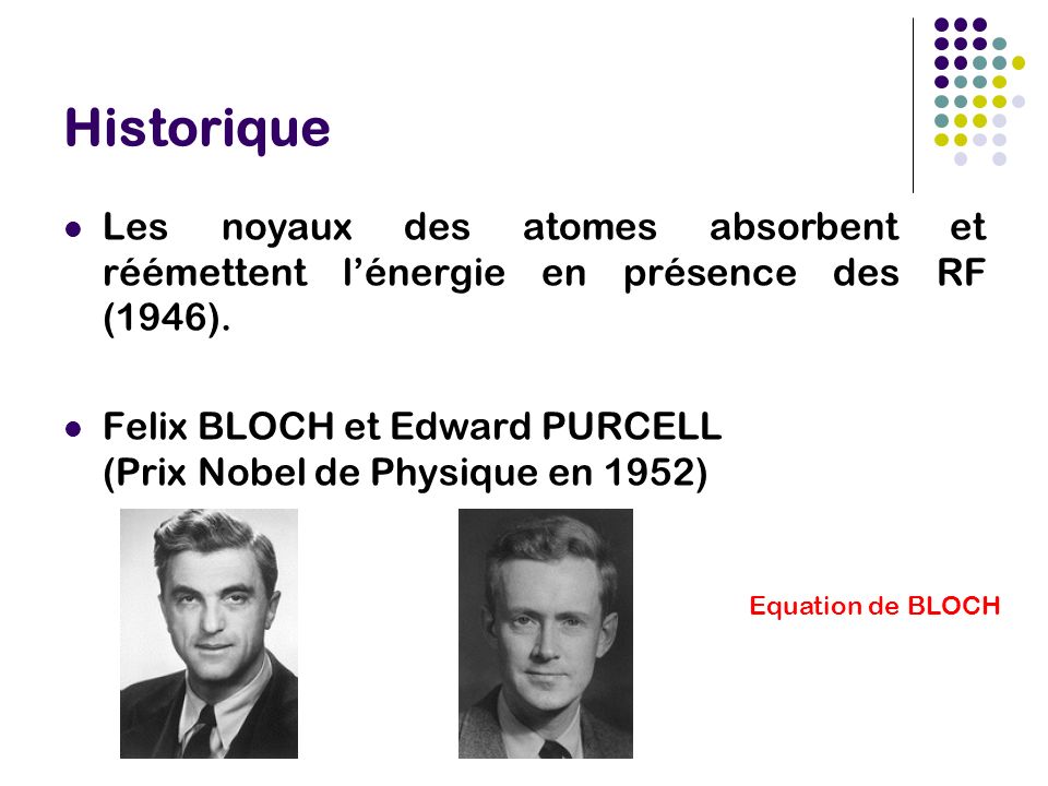 Historique Les noyaux des atomes absorbent et réémettent l’énergie en présence des RF (1946).